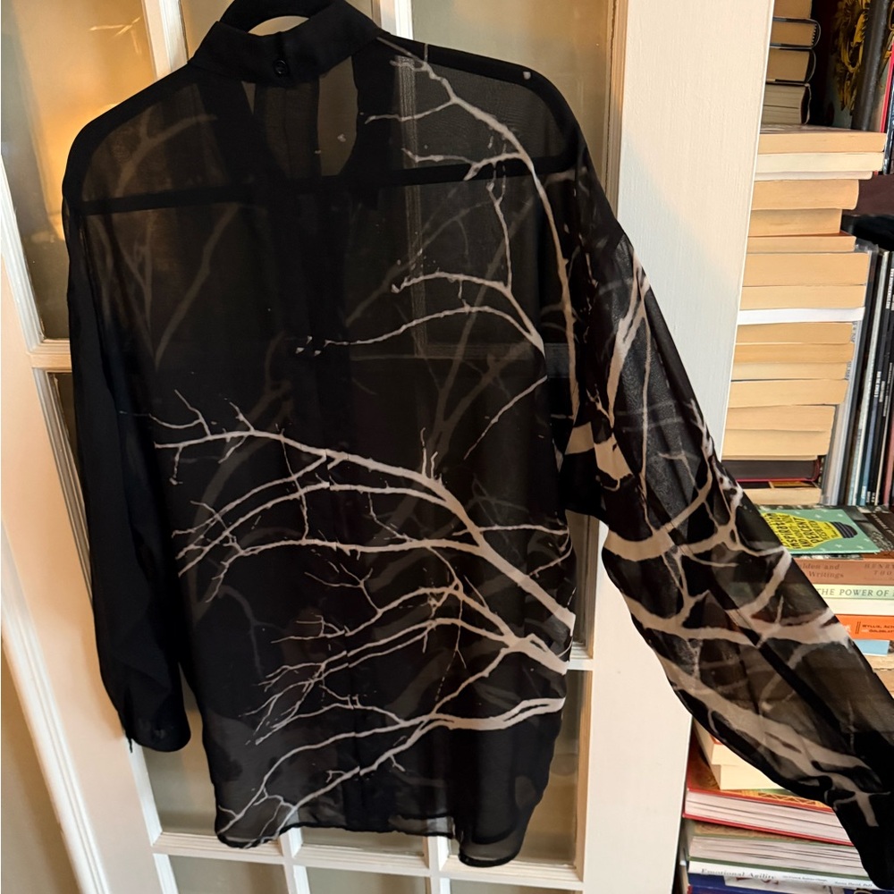 RACHEL Rachel Roy Black Sheer Button-Down Top with White Tree Branch Print - Picture 4 of 8